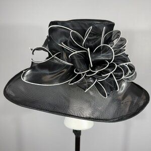 Black Hat with large elegant bow trimmed with white stitching! Stunning!